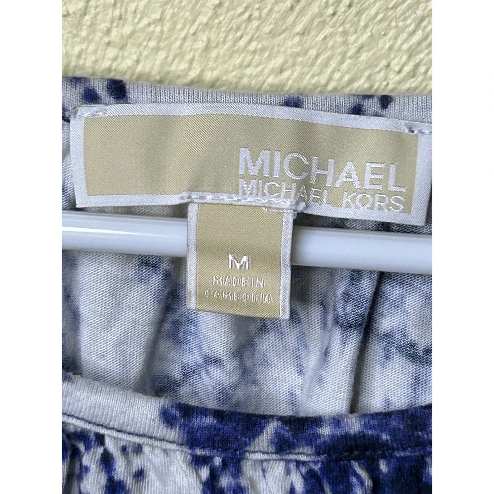 Michael Kors Blue White Tie Dye Ruffle Sleeve Top Medium Scoop Neck Shibori